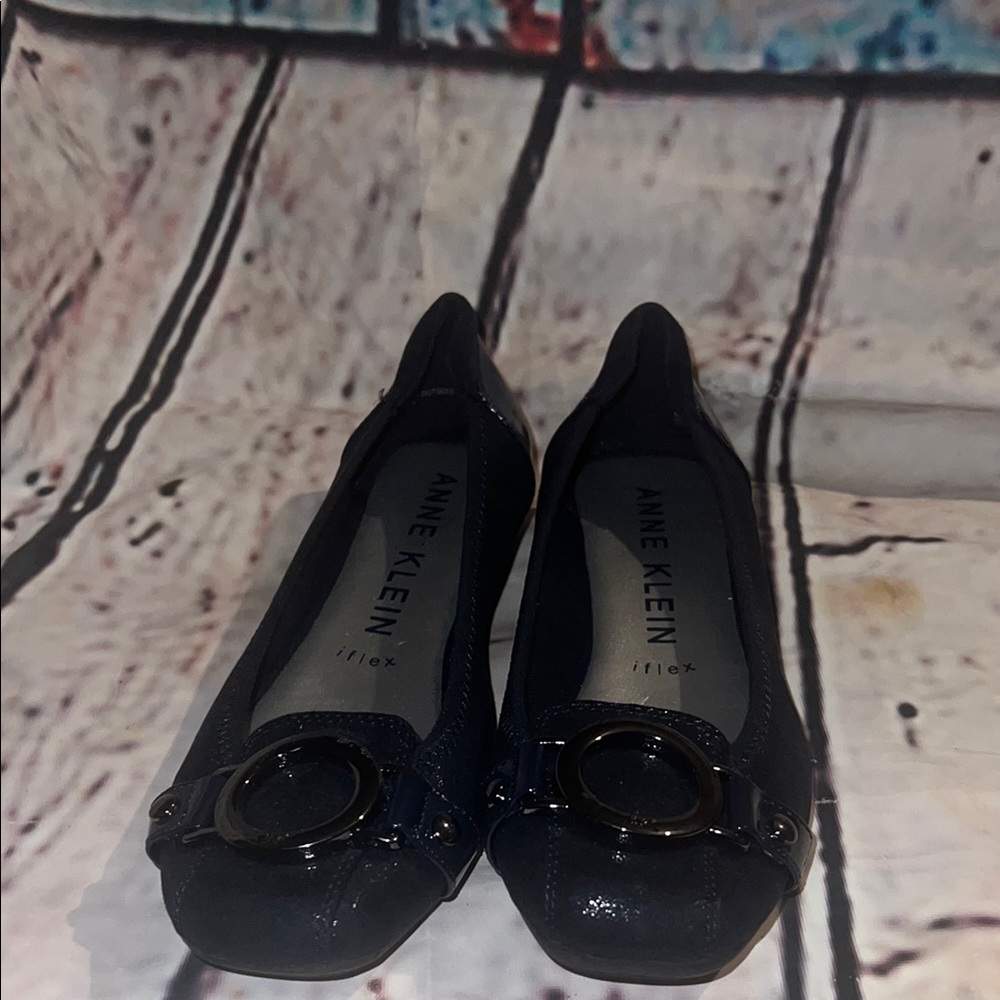 Anne Klein Women’s Navy Patent Ballerina Flats with Decorative Buckle